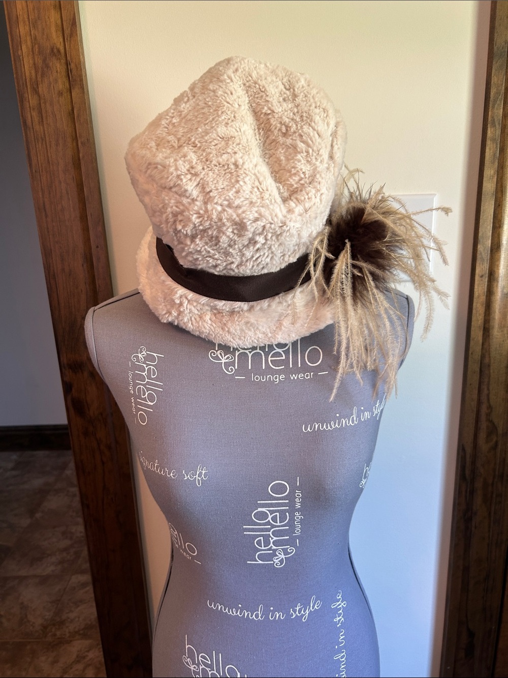 Plush Faux-Fur Bucket Hat with Feather Accent - Cream